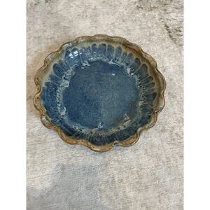 Handmade Pottery Pie Dish Ocean Blue And Beige. Beautiful Quality 10‎ 1/4” D